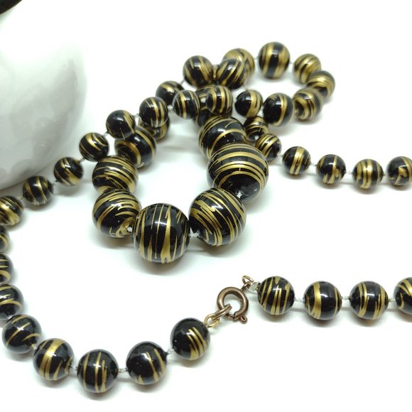 Black and Antique Gold Pearl Like Bead Necklace Knotted and Graduated - Picture 2 of 5